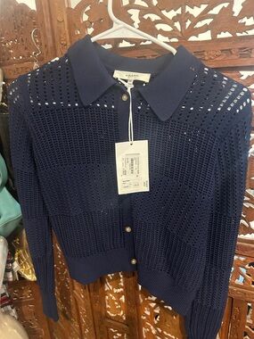 Frame Denim Navy Pointelle Knit Button-Front Cardigan